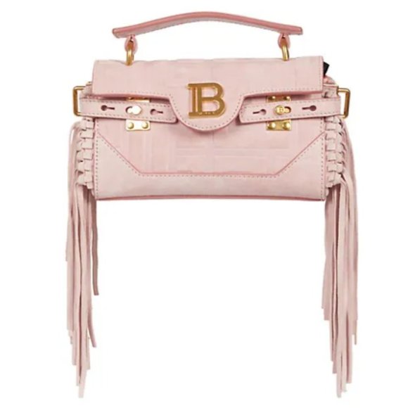 Balmain Handbags - Balmain B-Buzz 19 Fringed Suede Monogram Crossbody Bag Faded Rose